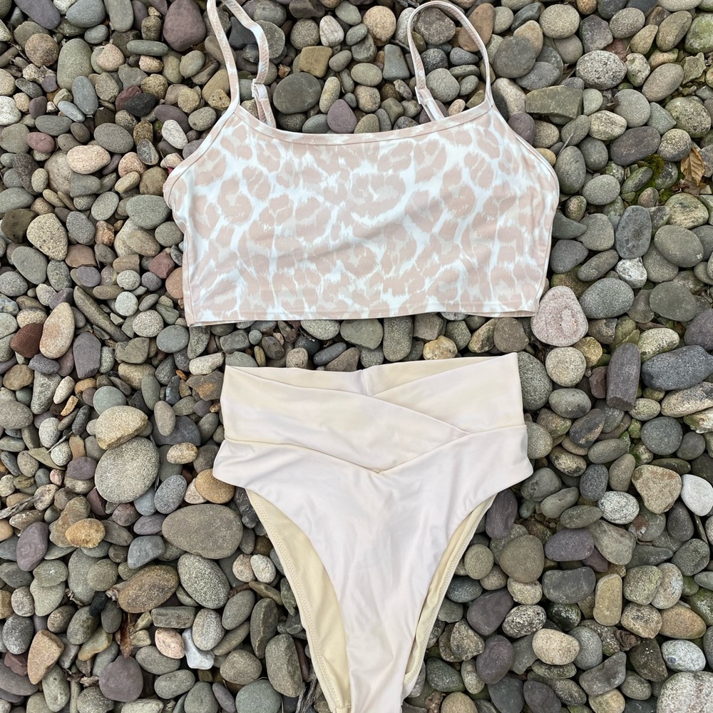 Cream colored cheetah high waisted bikini